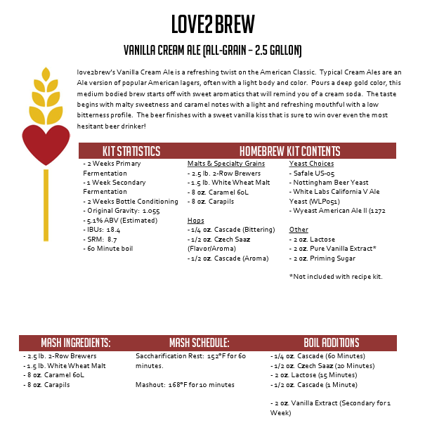 Vanilla Cream Ale All Grain 2.5 Gallon