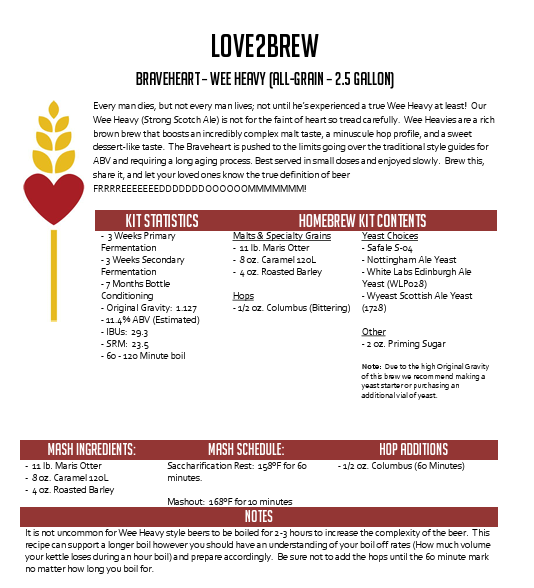 Braveheart - Wee Heavy (Strong Scotch Ale) All Grain 2.5 Gallon